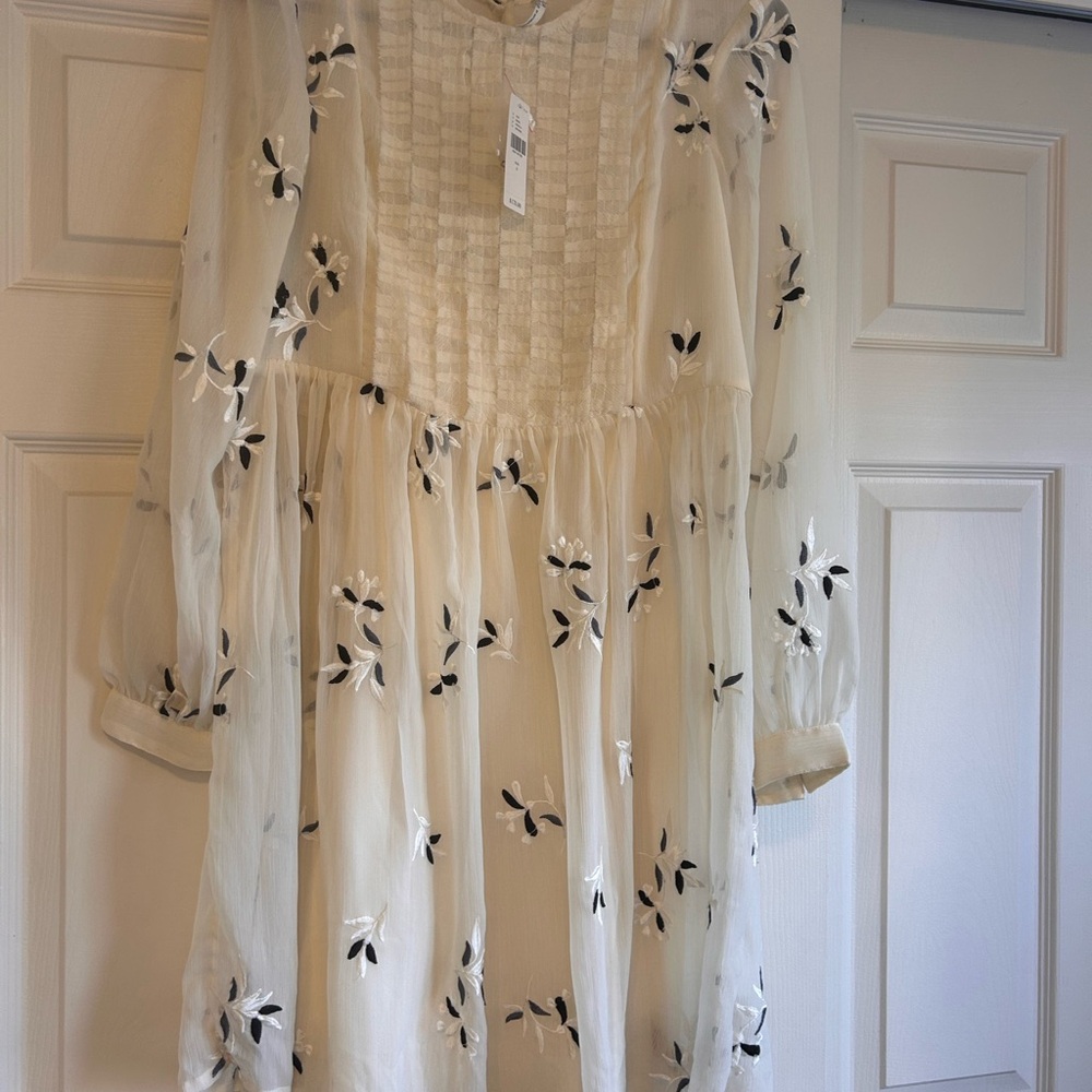 Anthropologie Featherbone Feuille Ivory Embroidered Sheer Mini Dress - Size 4
